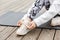 Close up of a sportswoman tying shoelace