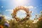 Close-up of spring summer flower wreath on a green meadow. Pagan tradition and holiday of Midsummer solstice