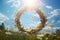 Close-up of spring summer flower wreath on a green meadow. Pagan tradition and holiday of Midsummer solstice