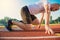 Close-up of sprinter feet in starting block