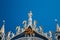 Close up of St Mark`s Apostle, angels and golden lion on the top of Basilica di San Marco, St Mark`s Basilica in Venice