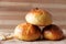 Close up of stack of baked bread on table