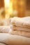 Close up of a stack of beige towels in a spa salon