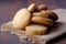 Close up of stack of biscuits on table