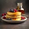 Close up of a stack of cottage cheese pancakes with fresh berries and honey on a dark background. Illustration of homemade syrniki