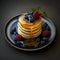 Close up of a stack of cottage cheese pancakes with fresh berries and honey on isolated on a dark background. Illustration of