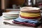 close-up of stack of freshly washed dishes, with drying cloth visible