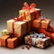 Close up of stack of gifts with ribbon, created using generative ai technology