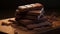 A close-up of a stack of unsweetened chocolate bars in a beautifully textured wooden box