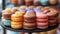 Close-up stacked colorful macaroons