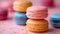 Close-up stacked colorful macaroons background