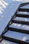 Close up of stair steps covered with fresh snow on a sunny day in park. January 2022