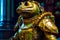 Close up of statue of frog wearing suit of armor. Generative AI