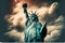 Close up of the statue of liberty with epic cloudy sky at evening. Neural network generated art