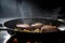 close-up of steaks and potatoes cooking in frying pan, with steam rising from the skillet