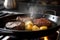 close-up of steaks and potatoes cooking in frying pan, with steam rising from the skillet