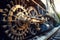 close-up of steam train wheels in motion