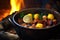 close-up of steaming crawfish in a rustic pot on open flames