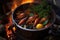 close-up of steaming crawfish in a rustic pot on open flames