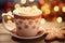 A close-up of a steaming gingerbread latte in a festive holiday mug, highlighting warm and comforting beverages. Generative Ai