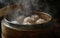 Close-up of steaming hot dim sum in a bamboo steamer, showcasing traditional Chinese cuisine.