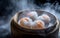 Close-up of steaming hot dim sum in a bamboo steamer, showcasing traditional Chinese cuisine.