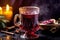 close-up of steaming mulled wine in a glass mug