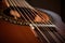 close-up of steel-string guitar, with strings and fretboard in sharp focus