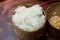 Close up of sticky rice in bamboo box, Thai and Laos traditional food.