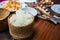 Close up of sticky rice in bamboo box, Thai and Laos traditional food.