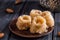 Close up. Still life. Baklava bird`s nest. Turkish honey sweets. Dark wooden background