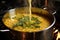 close-up of stirring risotto in a large pot