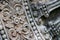 Close up stone carving of the wheel of the dharma. in archaeological site of Srithep ancient town in Petchaboon, Thailand.