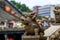 A close-up of a stone lion in the Chen Clan Temple in Guangzhou, stone carving art