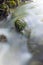 Close up of stone in river with green overgrowth. Long exposure of a mountain stony creek inside in the forest