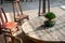 Close up of stone round table and wooden stools in Chinese garden