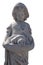 Close up of stone sculpture of girl holding puppies in basket on white background