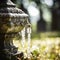 A close up of a stone urn with water dripping from it, AI