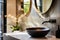 Close-up of Stone vessel sink with mirror in a modern bathroom, art deco style, natural luxury decoration