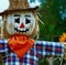 Close up of straw scarecrow with hat over blurred background