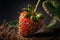 a close up of a strawberry on a table with leaves and dirt on the ground behind it and a dark background with a green leaf and a