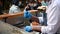 Close up of a street food vendor preparing food at Borough Market during Covid 19 pandemic