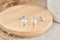 Close up stud earrings, with iridescent crystals. Beautiful earrings on wooden plate. Women accessories.