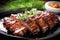 Close up of succulent and flavorful roasted barbecue pork ribs with perfectly sliced meat