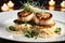 Close-up of a succulent gourmet dish in a high-end restaurant, seared scallops resting on a bed of