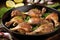 close up of succulent jerk chicken drumsticks in a skillet