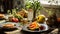 A close-up of a Sukkah table set with festive dinnerware