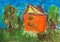 Close up. Summer house in the green garden. Children`s drawing paints. Craft in the kindergarten