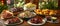 A close-up of a summer picnic spread on a wooden table. The spread includes ribs, cornbread, coleslaw, and a side salad.