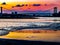 Close-up of Sundown over a sandy Beach shore with golden sunlight, waves and big bridge